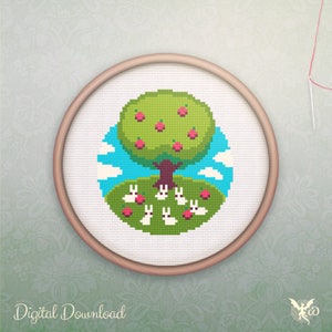 Cross Stitch Tree Modern Rabbit Cross Stitch Pattern Cute Animal Hoop Art Easy Spring Counted Cross Stitch PDF Apple Tree Xstitch image 1