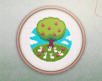 Cross Stitch Tree • Modern Rabbit Cross Stitch Pattern • Cute Animal Hoop Art • Easy Spring Counted Cross Stitch PDF • Apple Tree Xstitch