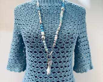 Pale Blue 3/4 Sleeve Women's Blouse | Handmade Crochet Fashion | Bamboo Cotton | Boho