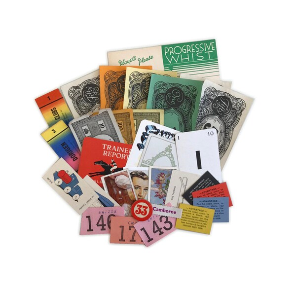 Colourful game pack, vintage game 31 pieces, vintage ephemera form various vintage games. Mixed colours. 31 pieces.