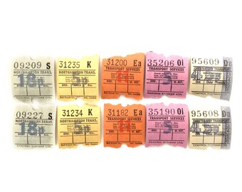 Set of small vintage British bus tickets. 20 tickets (4 of each colour).