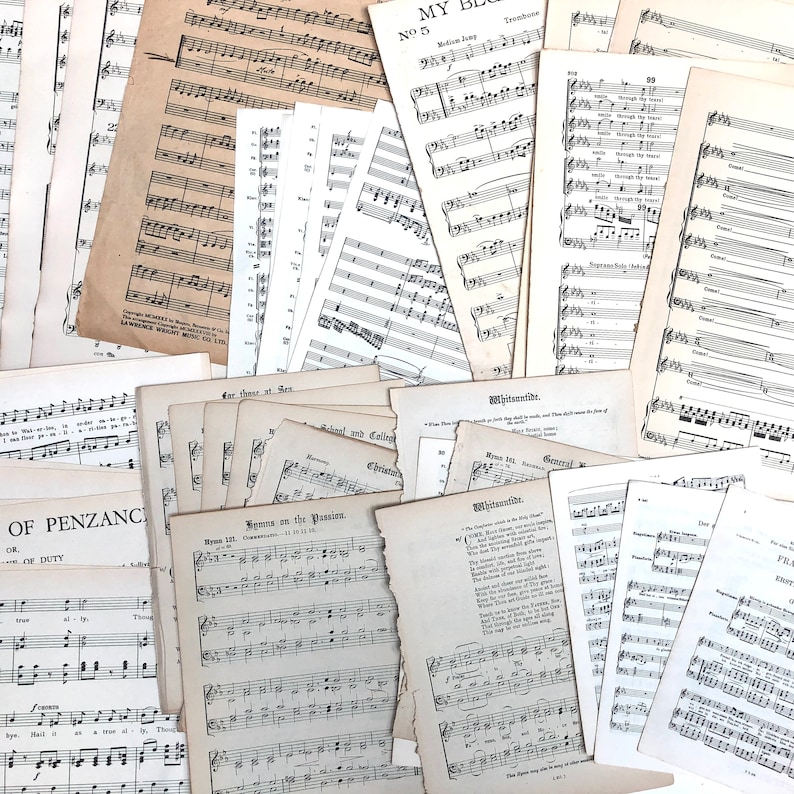 Mixed music sheet pages pack tidied with ribbon, 40 pieces. image 1