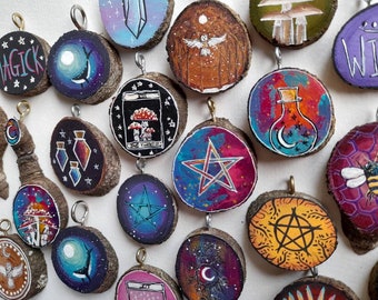 Necklace Chakra colours Unique Mandala designs Handpainted wood slice pendant Three wood slice layers Quirky Wooden Birthday gift.