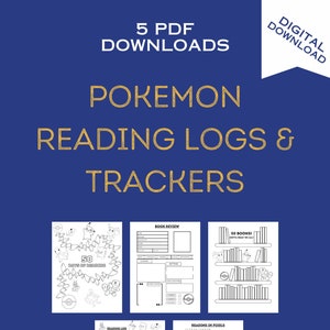 May include: Five black and white printable PDF reading logs and trackers featuring Pokemon characters. The trackers include a book review template, a reading log, a reading in pixels tracker, and a 50 books challenge tracker.