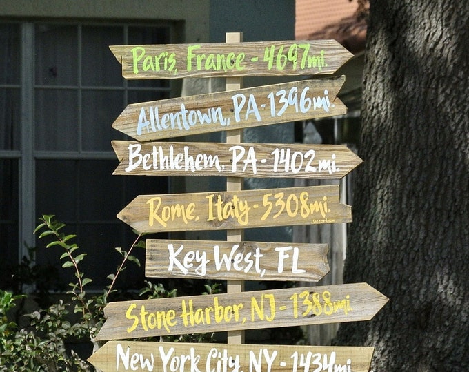 Directional Sign post wood rustic. Mileage Family sign wood. Garden decor. Destination wooden arrow sign. Holiday Gift idea