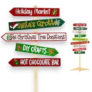 Holiday market Directional Sign personalized. Christmas party wayfinding arrows, Picture with Santa wood sign