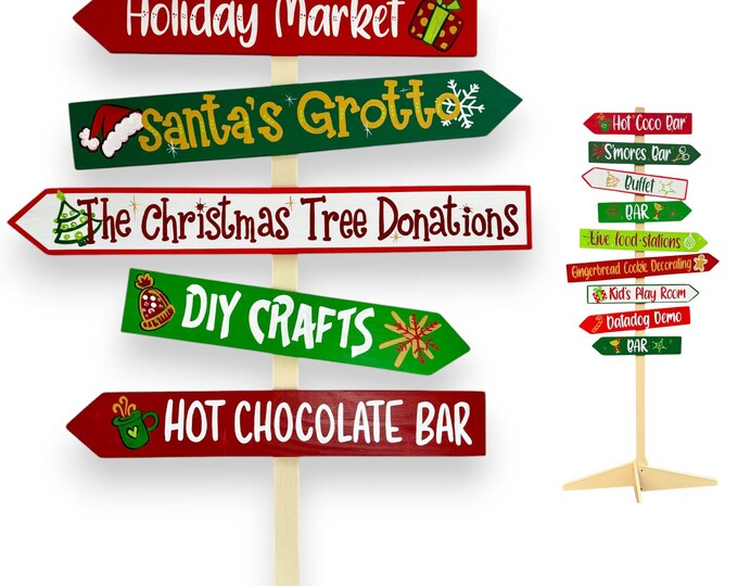 Holiday market Directional Sign personalized. Christmas party wayfinding arrows, Picture with Santa wood sign