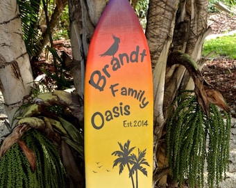 Personalized Surfboard decor. Outdoor surfboard wood sign. Family gift for mom dad. Gift for husband wife.