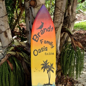 Personalized Surfboard decor. Outdoor surfboard wood sign. Family gift for mom dad. Gift for husband wife.