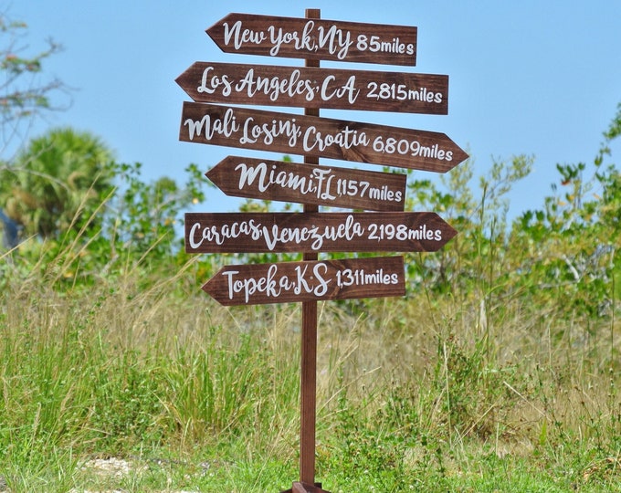 Family Directional Sign personalized, Garden Decor. Mileage arrows sign post for home. Backyard gift for mom and dad.