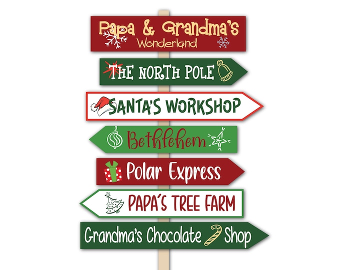 Christmas directional sign. Mileage direction sign with kids names, Holiday Gift for mom and dad