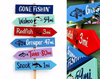 Directional signs, Personalized Fisherman gift for Dad, Destination arrows with mileage, wood direction signs