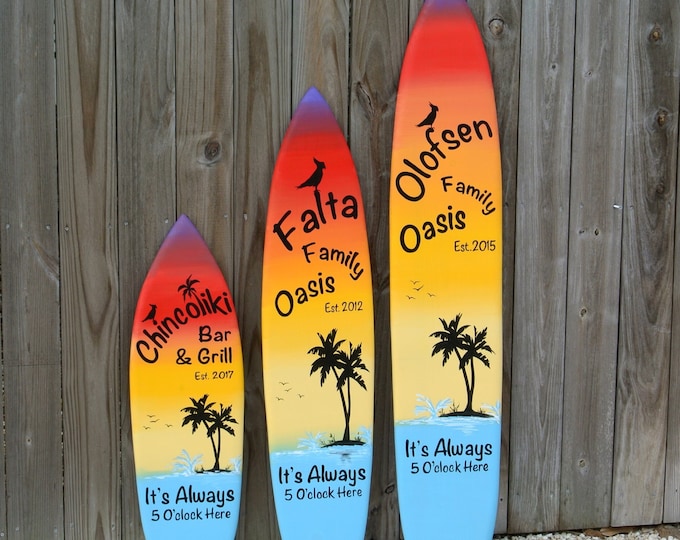 Family Oasis tiki Bar surfboard decor, wood backyard art, personalized gift for mom, dad. Pool decor wooden