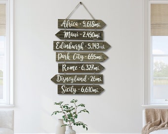 Personalized Directional sign on a rope home decor. Customizable gift for mom and dad. Family destinations arrow boards wall art.