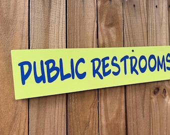 Public restroom directional sign wooden, Hotel resort wayfinding arrow sign, Outdoor park decor. Fully Customizable