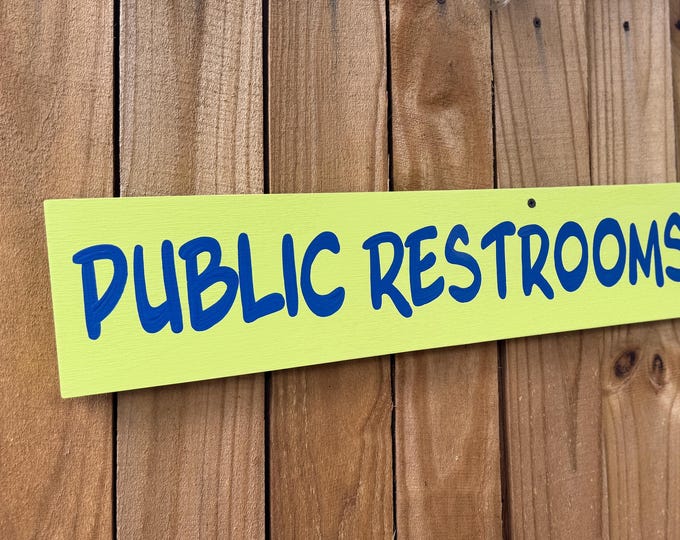 Public restroom directional sign wooden, Hotel resort wayfinding arrow sign, Outdoor park decor. Fully Customizable