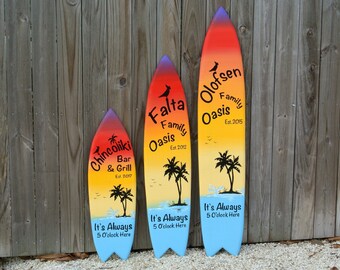 Tiki bar decor Surfboard sign. Backyard oasis pool sign, Personalized family name surfboard decor