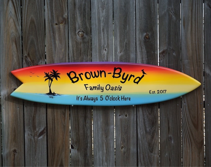 Pool deck Decor Wood. Surfboard wall art with family name. Custom Surfboard sign for outdoor garden decor. Christmas gift for husband wife.