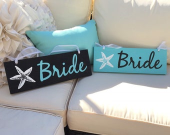 Bride and Groom wood signs for Chair. Tropical Wedding decor