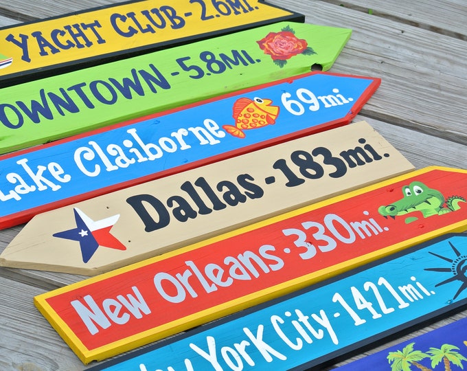 Funny Direction signs with mileage and family names, Outdoor wood directional signs for backyard. Gift for mom, dad