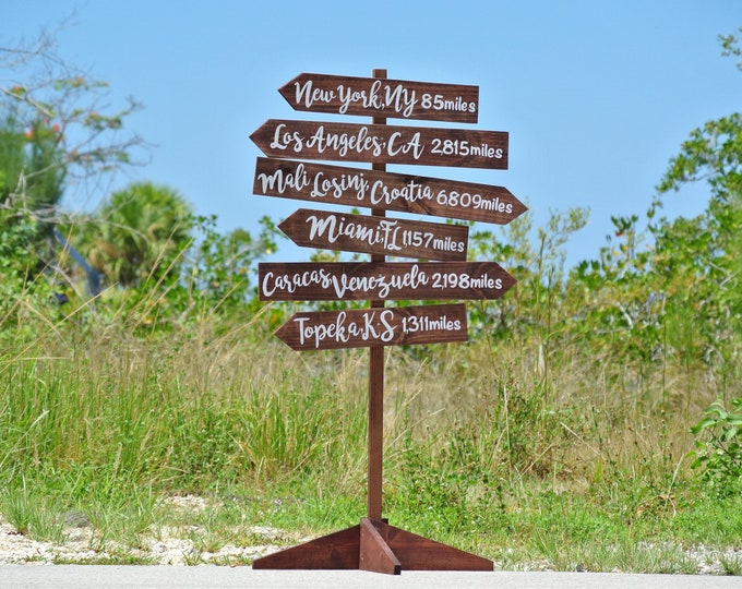 Family directional sign. Kids destination and mileages signpost for backyard garden decor. Fathers day gift