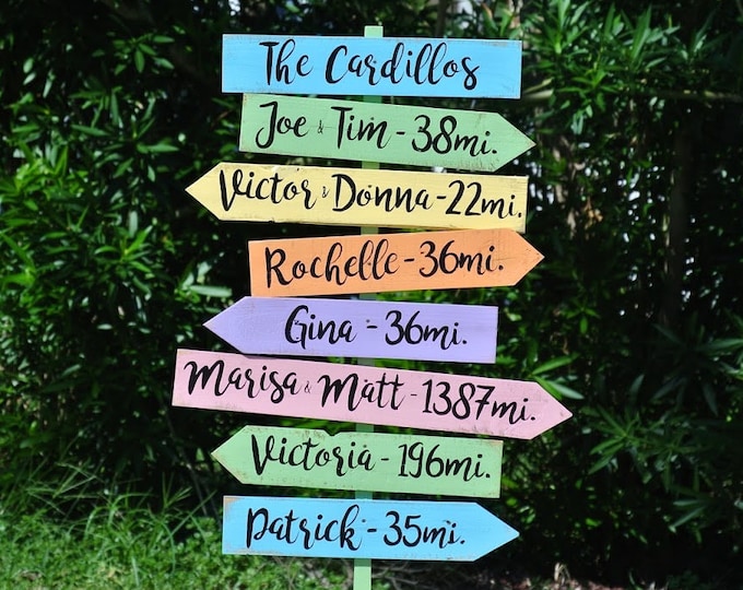 Family name directional sign with all kids and parents name and mileage, Christmas gift for outdoor decor. Personalized direction sign post.