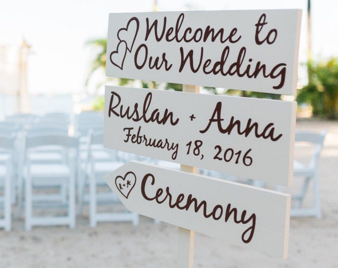 Ivory Welcome Wedding Sign, Romantic Beach Wedding Decor, Rustic Chic Wedding Beach Sign, Directional Arrow Sign