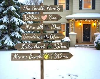 Family Directional sign post, Christmas gift for Parents,  Kids, Grandkids arrows mileage boards. Outdoor home decor