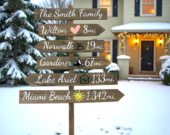 Family Directional sign post, Christmas gift for Parents,  Kids, Grandkids arrows mileage boards. Outdoor home decor