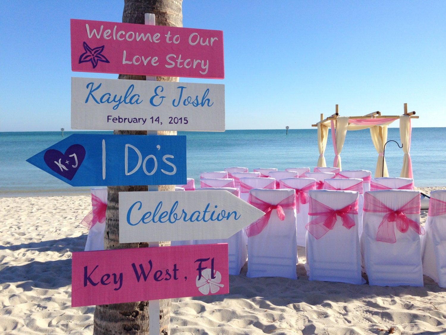 Welcome To Our Wedding Beach Ceremony Decor Pink and White