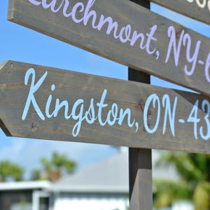 May include: Wooden signpost with arrows pointing in different directions. The signpost is painted brown and has white text. The text on the signpost reads "Kingston, ON - 43km" and "Eachmont, NY - 660km".