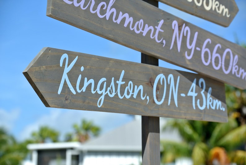 May include: Wooden signpost with arrows pointing in different directions. The signpost is painted brown and has white text. The text on the signpost reads "Kingston, ON - 43km" and "Eachmont, NY - 660km".