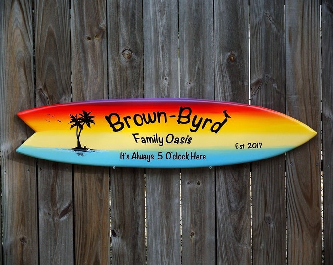 Surfboard wall decor for Pool deck, Tiki Bar Personalized Family name sign. Beach House Decoration for Outdoor, Gift for Family Christmas