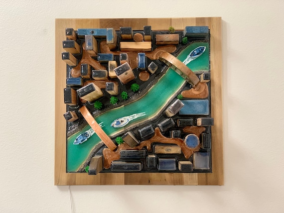 Custom 3D City map wall art - City skyline wall decor with LED light, Glow in the Dark Night light -