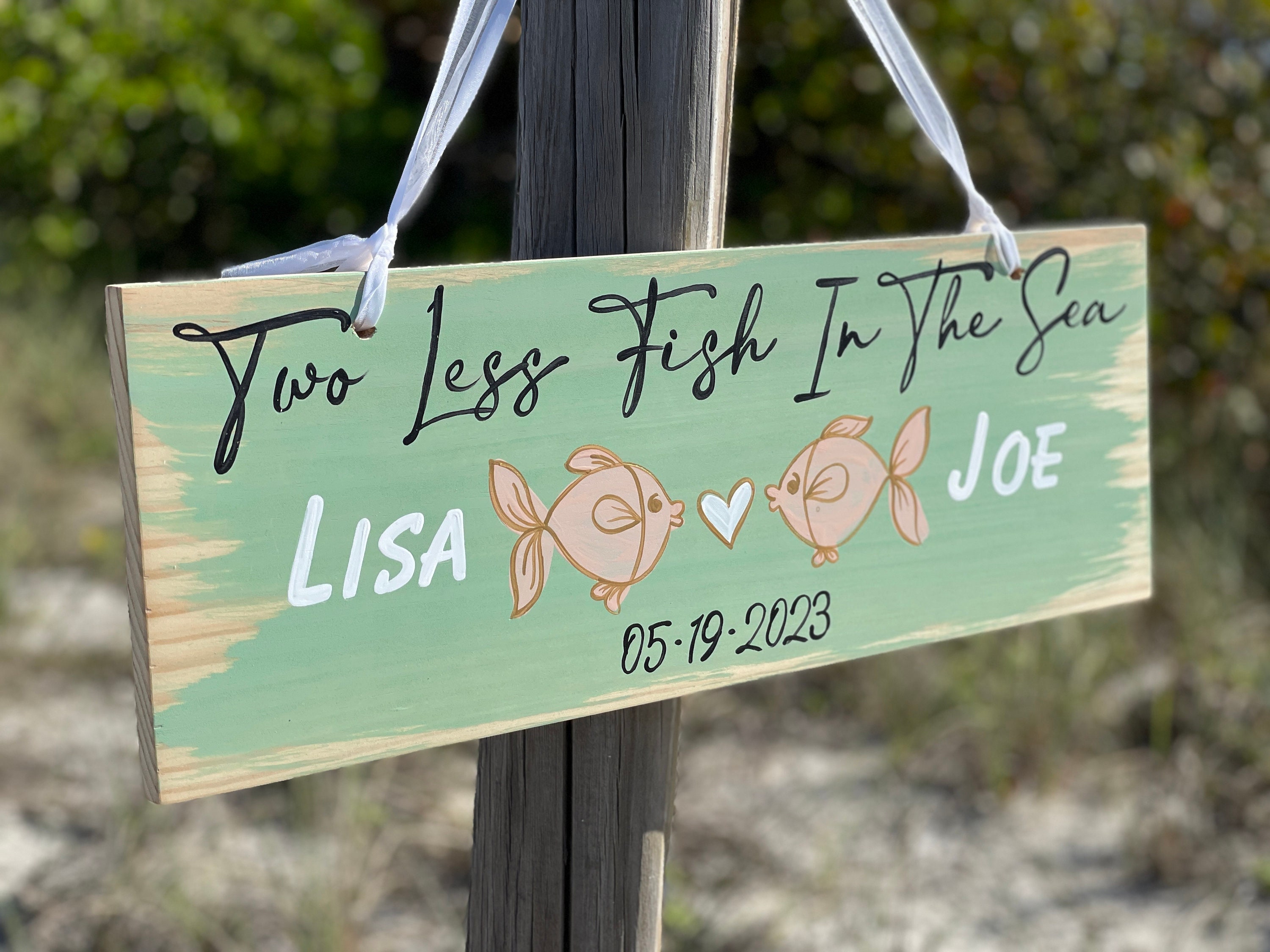 Newlywed gift, two less fish in the sea personalized sign, Beach