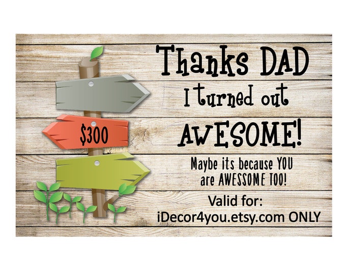 Fathers day Last minute Gift Certificate for iDecor4you store. Gift for Dad. 300 dollars