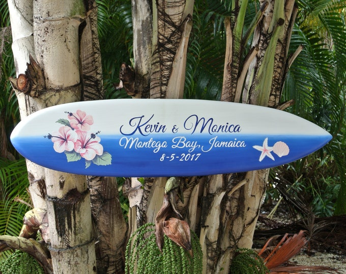 Navy Wedding guest book surfboard sign. Beach & tropical wedding decor. Gift for couple. Surfboard Wood Sign