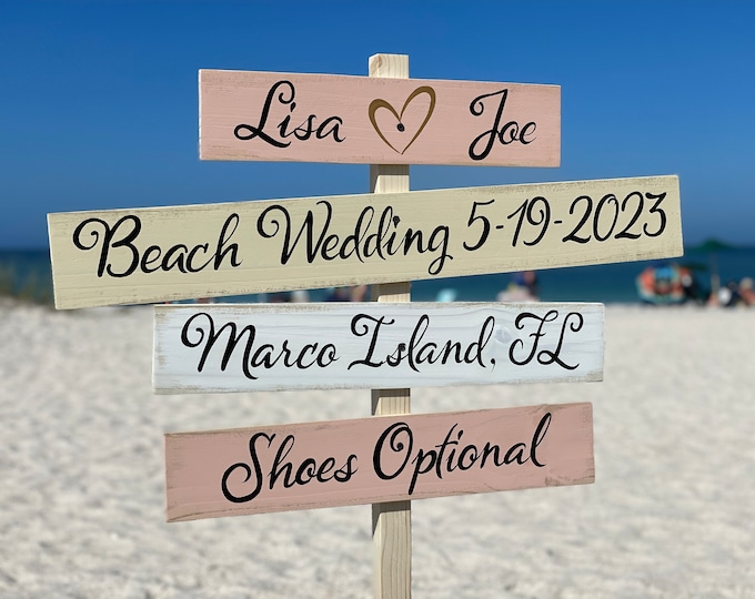 Beach wedding direction sign, Personalized wedding decor Boho, shoes optional sign post, Gift for couple