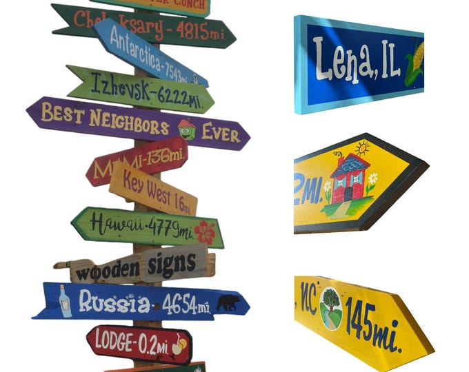 Personalized Hand Painted Directional signs, Outdoor Decor Destination arrows with mileage, Custom Family Housewarming gift,