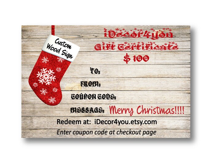 Christmas Gift certificate, last minute gift card for idecor4you shop