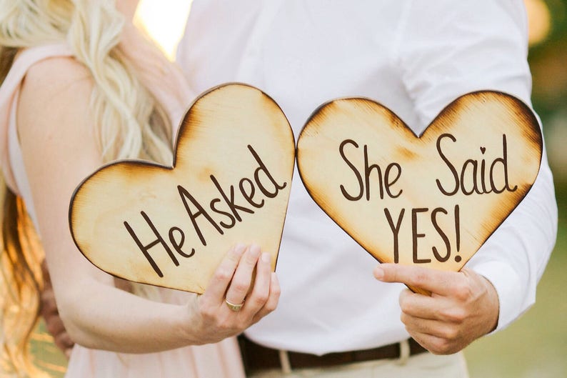 He asked she said yes signs wood wooden hearts proposal etsy