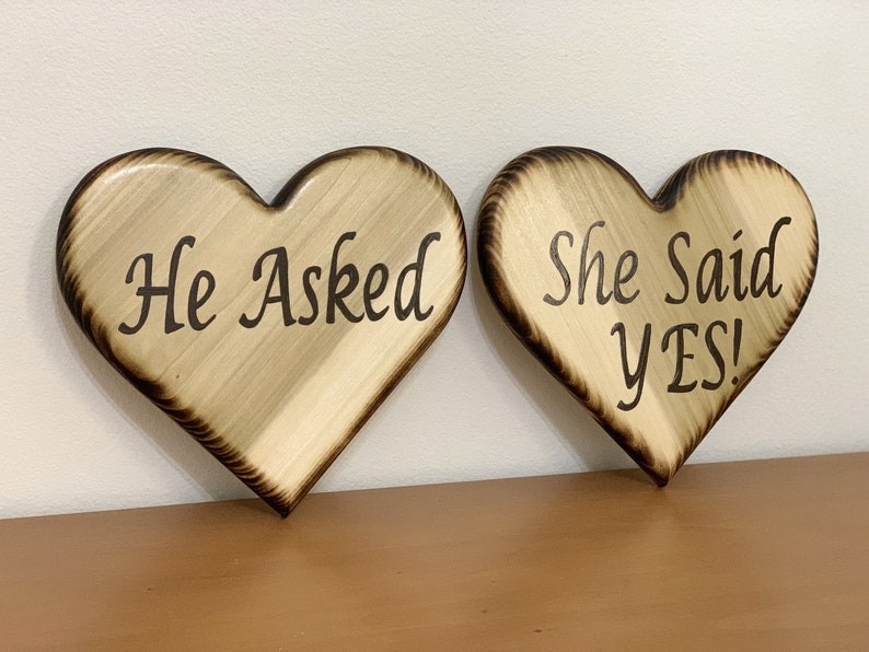 He asked she said yes signs wood wooden hearts proposal etsy