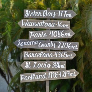 May include: Wooden signpost with multiple directional arrows pointing to different cities and towns with distances in miles. The signpost reads: Sister Bay-17 mi, Wauwatosa-16 mi, Paris-4086 mi, Sonoma County-2206 mi, Barcelona-4365 mi, St. Louis-38 mi, Portland, ME-1219 mi.