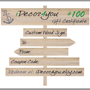 iDe11cor4you Last minute Gift Certificate for Custom Wood Sign, Gift Card Printable for Wedding, Birthday, . 100 dollars