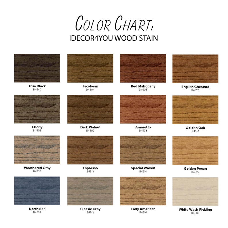 May include: Color chart for wood stain with 16 different wood stain colors. The colors are arranged in four rows of four. The colors are: True Black, Jacobean, Red Mahogany, English Chestnut, Ebony, Dark Walnut, Amaretto, Golden Oak, Weathered Gray, Espresso, Special Walnut, Golden Pecan, North Sea, Classic Gray, Early American, and White Wash Pickling.
