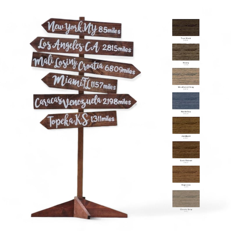 directional sign post free standing with custom mileage and destinations painted on each arrow board, wood stained