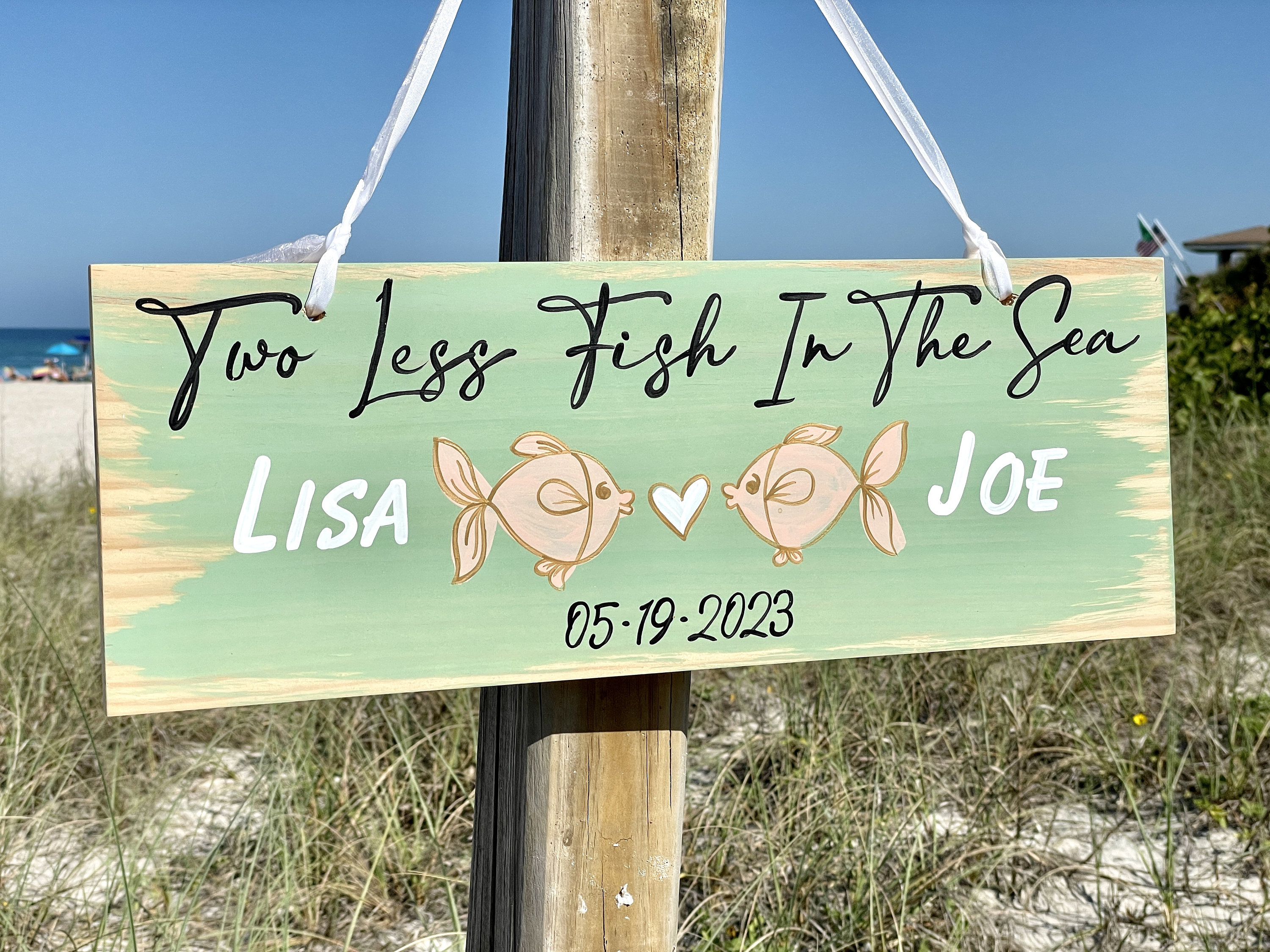 Newlywed gift, two less fish in the sea personalized sign, Beach