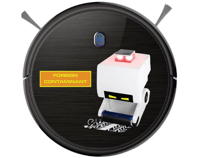 Foreign Contaminant M-O sticker for Robot Vacuum cleaner. Washable Laminated sticker.