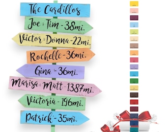 Our Family directional sign with kids, parents names, mileages, Christmas gift outdoor home decor. Personalized direction sign post.
