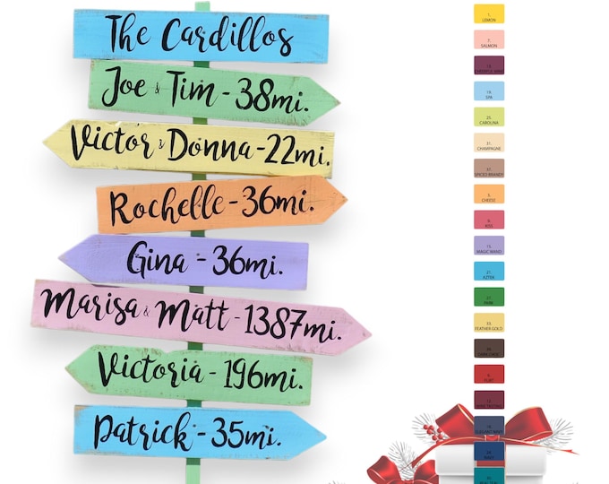 Our Family directional sign with kids, parents names, mileages, Christmas gift outdoor home decor. Personalized direction sign post.